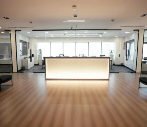 Modern reception area at World Trade Center Riyadh with seating and bright lighting.