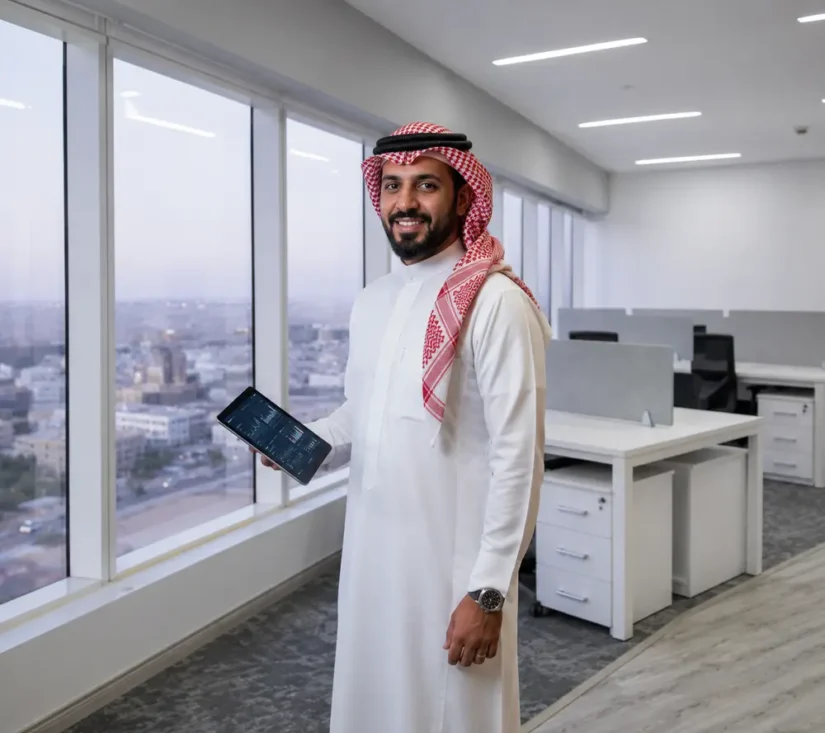 Businessman in traditional Saudi attire in modern office with city view.